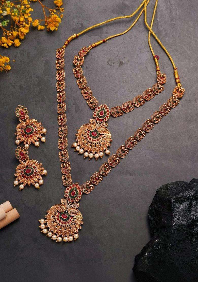 Rose Gold-Plated Gold-Plated Temple Beaded Copper Necklace and Earrings for Women | Traditional Temple Jewellery for Wedding & Festive Wear | Gift for Her - Indya