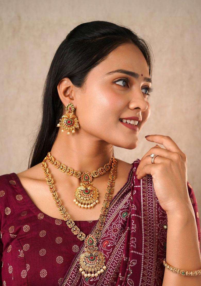 Rose Gold-Plated Gold-Plated Temple Beaded Copper Necklace and Earrings for Women | Traditional Temple Jewellery for Wedding & Festive Wear | Gift for Her - Indya