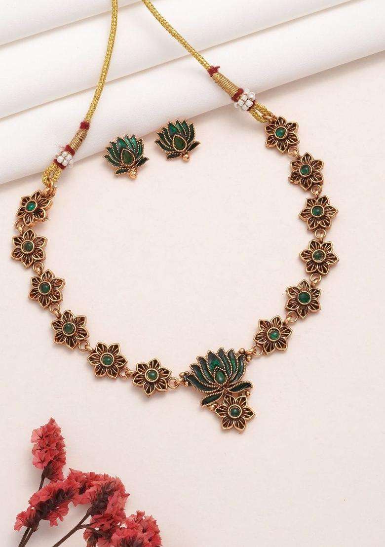 Rose Gold-Plated Temple Beaded Copper Necklace and Earrings for Women | Traditional Temple Jewellery for Wedding & Festive Wear | Gift for Her - Indya