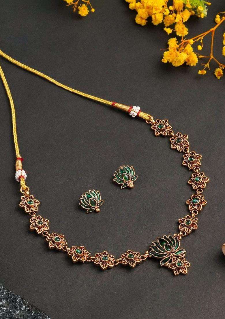 Rose Gold-Plated Temple Beaded Copper Necklace and Earrings for Women | Traditional Temple Jewellery for Wedding & Festive Wear | Gift for Her - Indya