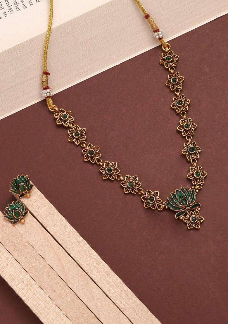 Rose Gold-Plated Temple Beaded Copper Necklace and Earrings for Women | Traditional Temple Jewellery for Wedding & Festive Wear | Gift for Her - Indya