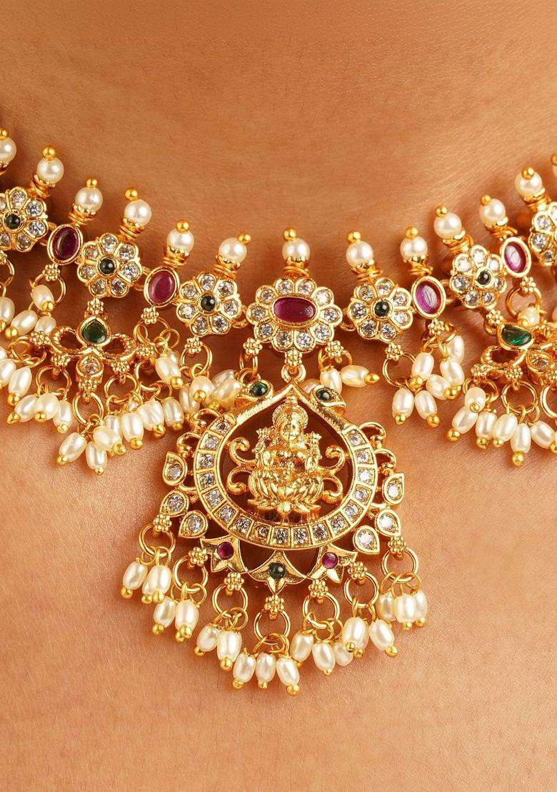 Gold-Plated Pearls Necklace for Women | Traditional Temple Jewellery for Wedding & Festive Wear | Gift for Her - Indya