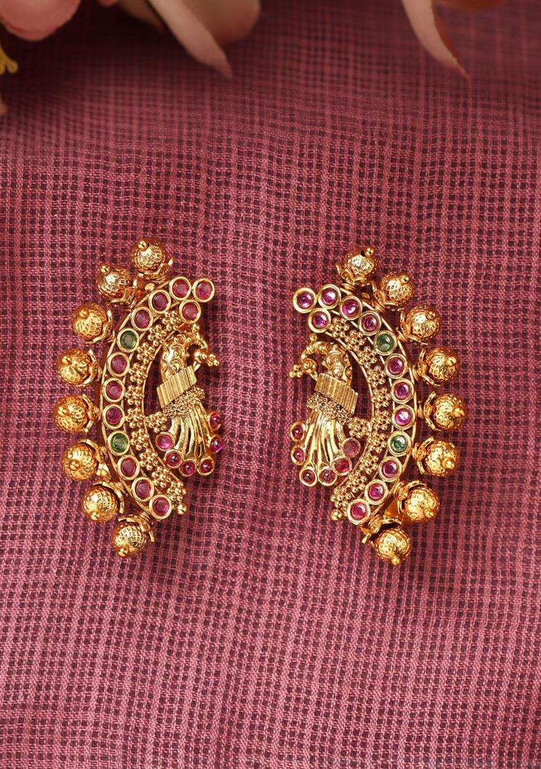 Gold-Plated Temple Brass Top Earrings for Women | Traditional Temple Jewellery for Wedding & Festive Wear | Gift for Her - Indya