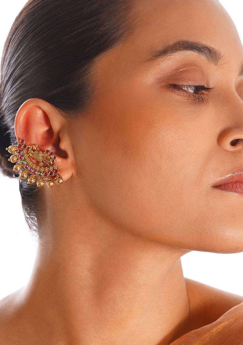 Gold-Plated Temple Brass Top Earrings for Women | Traditional Temple Jewellery for Wedding & Festive Wear | Gift for Her - Indya