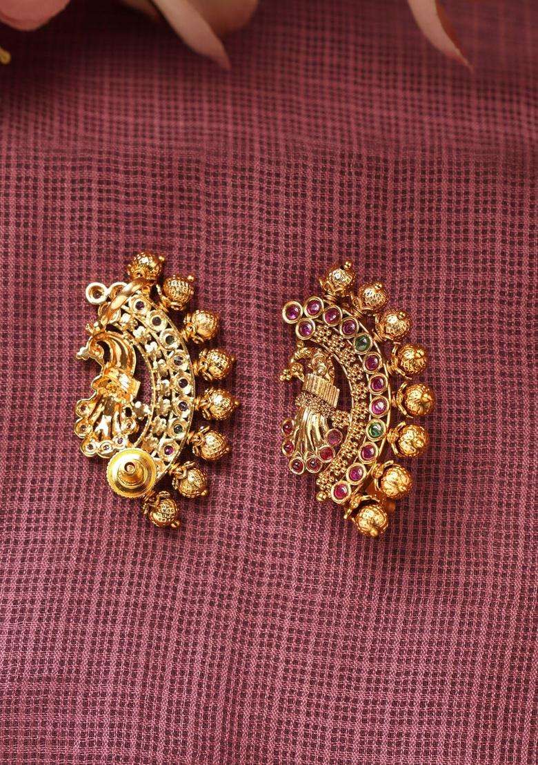 Gold-Plated Temple Brass Top Earrings for Women | Traditional Temple Jewellery for Wedding & Festive Wear | Gift for Her - Indya