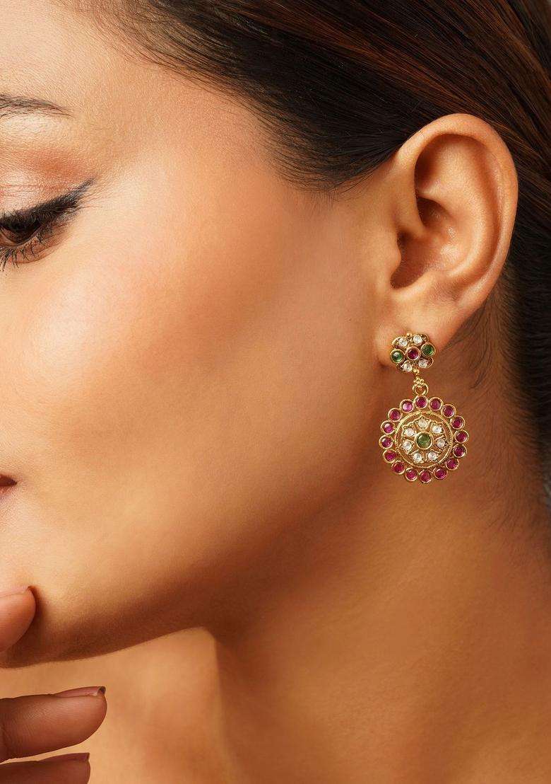 Gold-Plated Circular Drop Earrings for Women | Traditional Temple Jewellery for Wedding & Festive Wear | Gift for Her - Indya