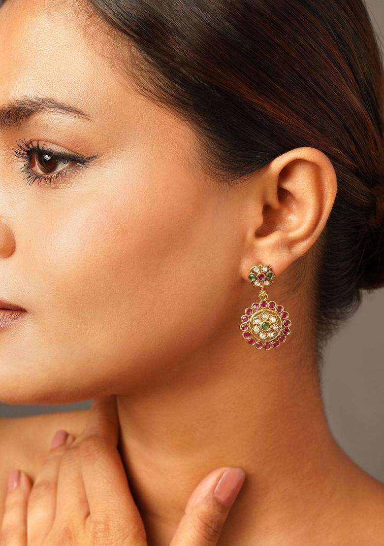 Gold-Plated Circular Drop Earrings for Women | Traditional Temple Jewellery for Wedding & Festive Wear | Gift for Her - Indya