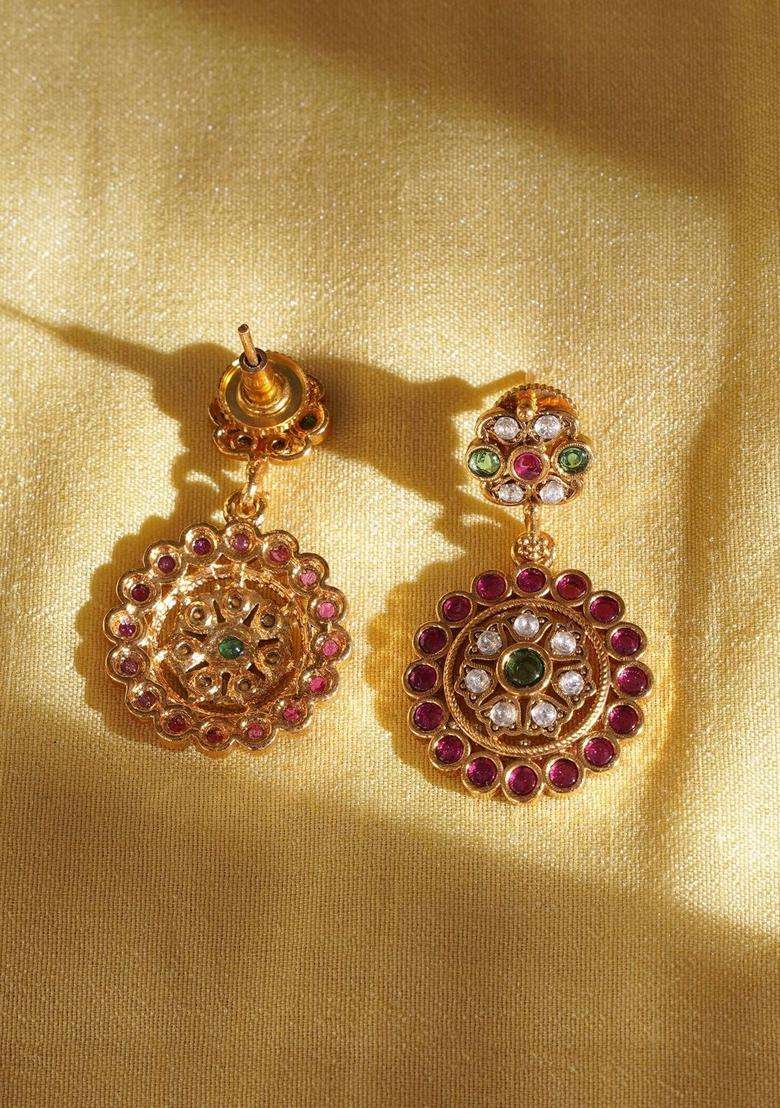 Gold-Plated Circular Drop Earrings for Women | Traditional Temple Jewellery for Wedding & Festive Wear | Gift for Her - Indya