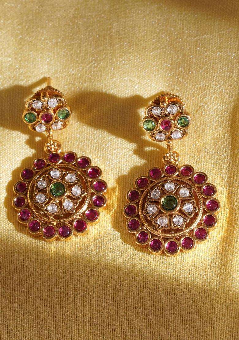 Gold-Plated Circular Drop Earrings for Women | Traditional Temple Jewellery for Wedding & Festive Wear | Gift for Her - Indya