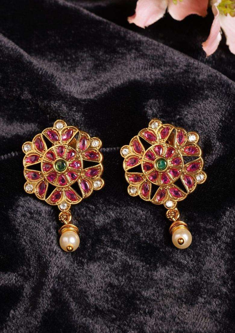 Gold-Plated Floral Drop Earrings for Women | Traditional Temple Jewellery for Wedding & Festive Wear | Gift for Her - Indya