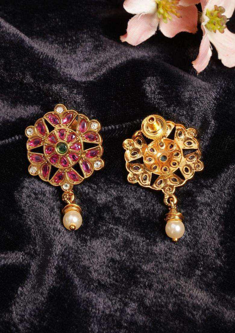 Gold-Plated Floral Drop Earrings for Women | Traditional Temple Jewellery for Wedding & Festive Wear | Gift for Her - Indya