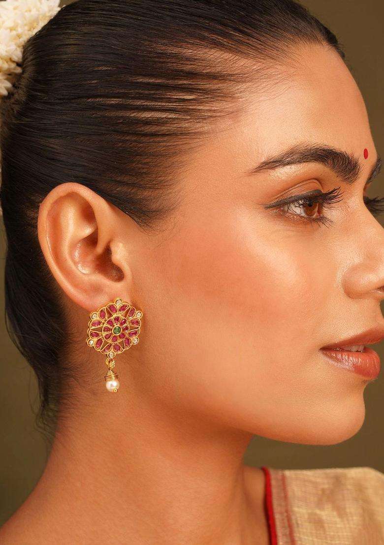 Gold-Plated Floral Drop Earrings for Women | Traditional Temple Jewellery for Wedding & Festive Wear | Gift for Her - Indya