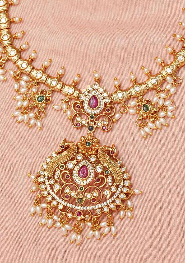 Gold-Plated Pearls Necklace for Women | Traditional Temple Jewellery for Wedding & Festive Wear | Gift for Her - Indya
