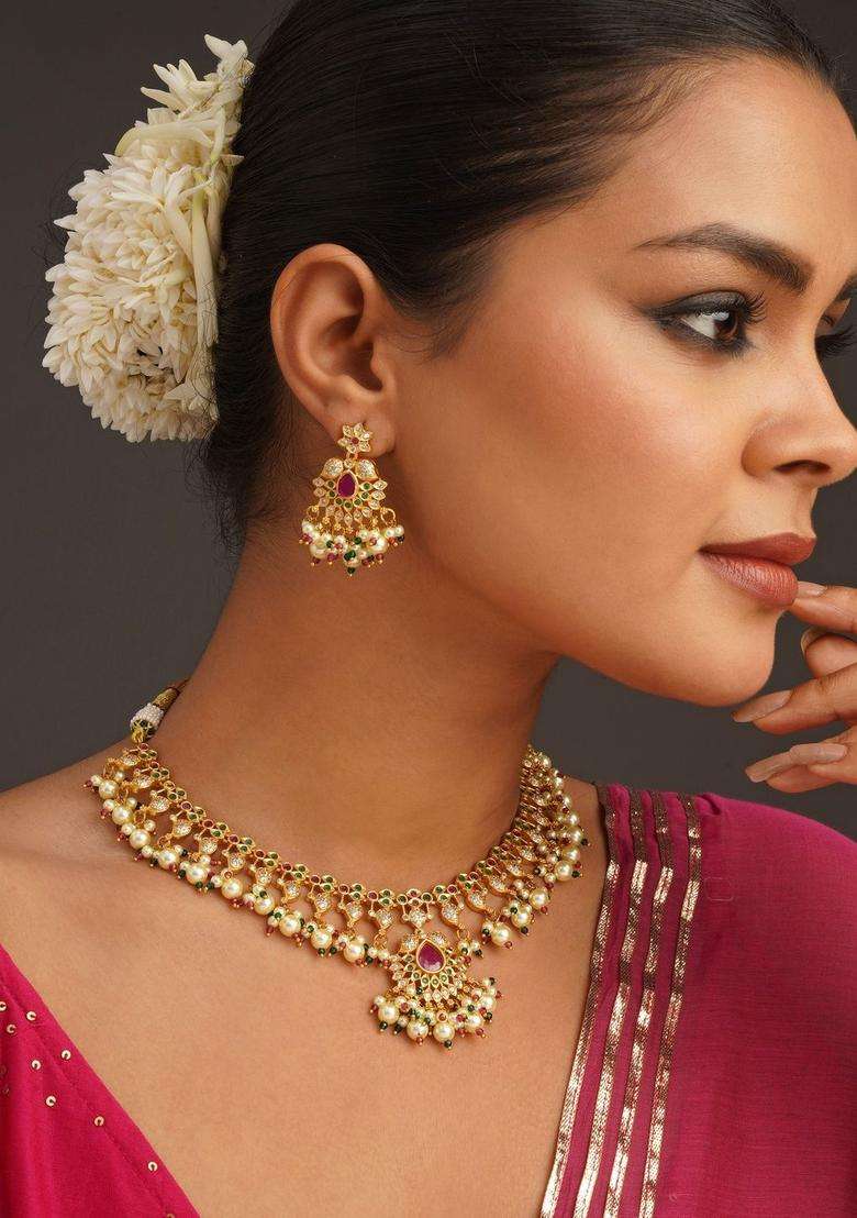 Gold-Plated Pearls Necklace for Women | Traditional Temple Jewellery for Wedding & Festive Wear | Gift for Her - Indya