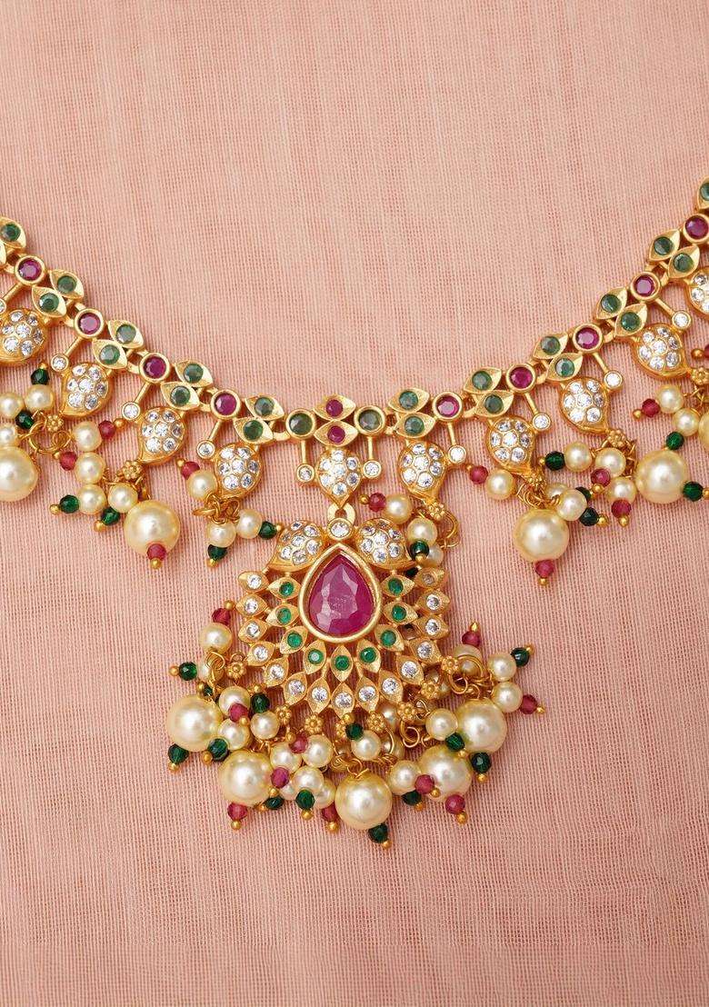 Gold-Plated Pearls Necklace for Women | Traditional Temple Jewellery for Wedding & Festive Wear | Gift for Her - Indya