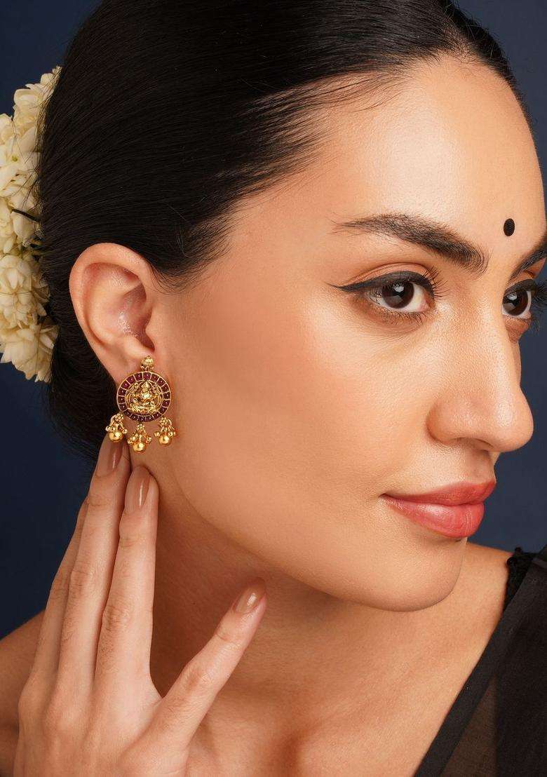 Gold-Plated Kundan Studded Temple Circular Shaped Drop Earrings for Women | Traditional Temple Jewellery for Wedding & Festive Wear | Gift for Her - Indya
