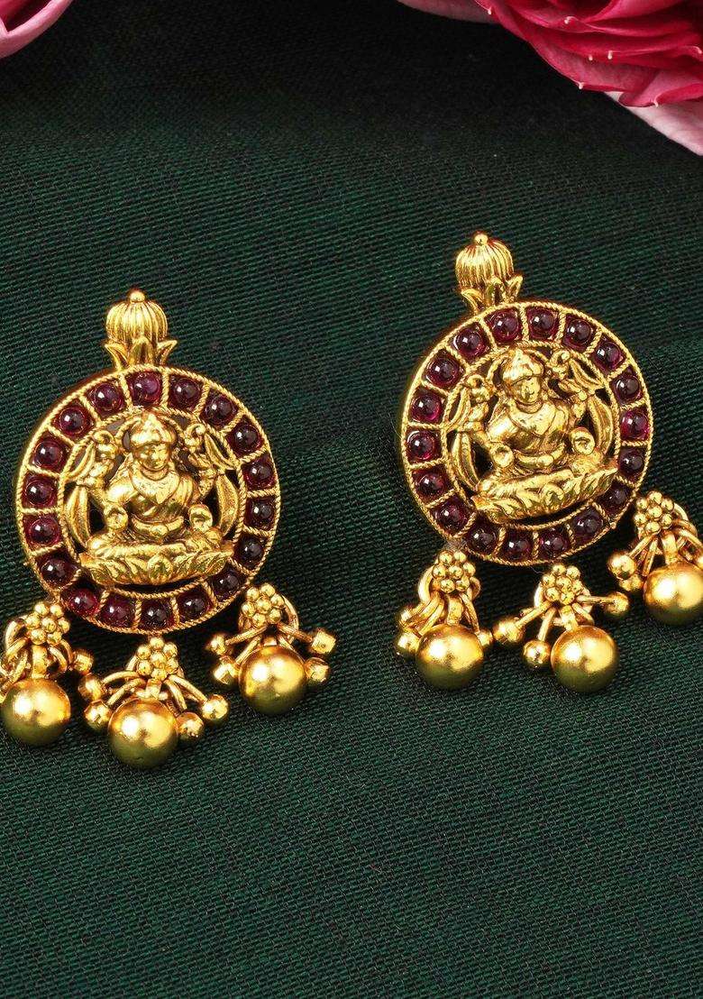Gold-Plated Kundan Studded Temple Circular Shaped Drop Earrings for Women | Traditional Temple Jewellery for Wedding & Festive Wear | Gift for Her - Indya