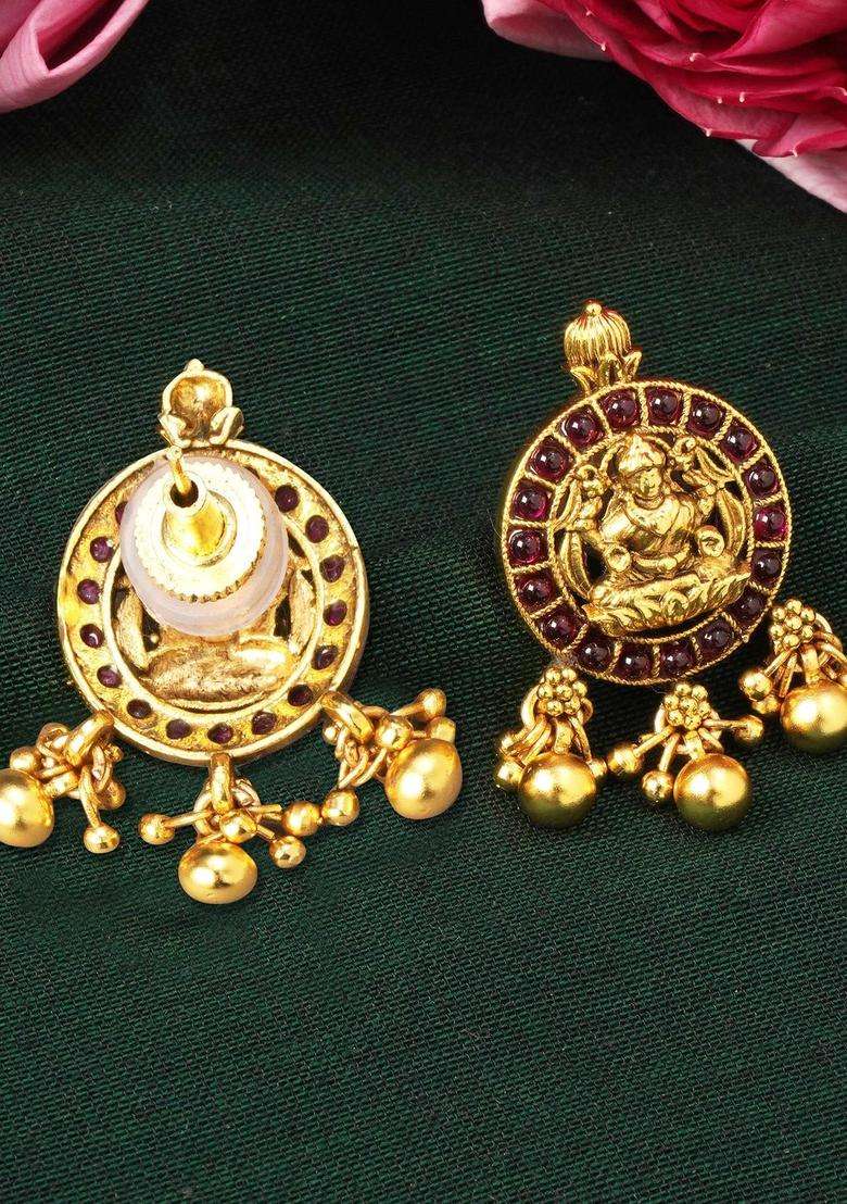 Gold-Plated Kundan Studded Temple Circular Shaped Drop Earrings for Women | Traditional Temple Jewellery for Wedding & Festive Wear | Gift for Her - Indya
