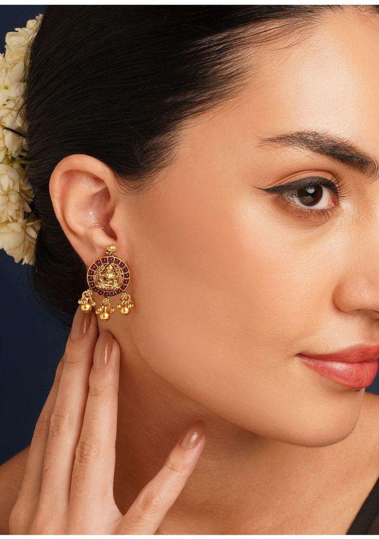 Gold-Plated Kundan Studded Temple Circular Shaped Drop Earrings for Women | Traditional Temple Jewellery for Wedding & Festive Wear | Gift for Her - Indya