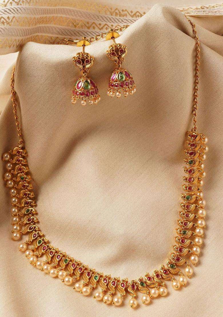 Multicolour Gold-Plated Artificial Stones Studded & Beaded Temple Necklace for Women | Traditional Temple Jewellery for Wedding & Festive Wear | Gift for Her - Indya