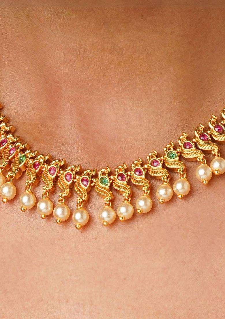 Multicolour Gold-Plated Artificial Stones Studded & Beaded Temple Necklace for Women | Traditional Temple Jewellery for Wedding & Festive Wear | Gift for Her - Indya