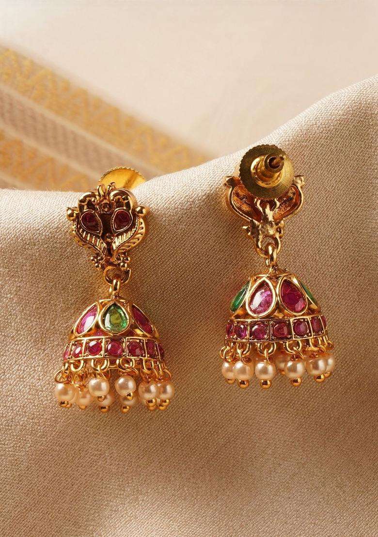 Multicolour Gold-Plated Artificial Stones Studded & Beaded Temple Necklace for Women | Traditional Temple Jewellery for Wedding & Festive Wear | Gift for Her - Indya