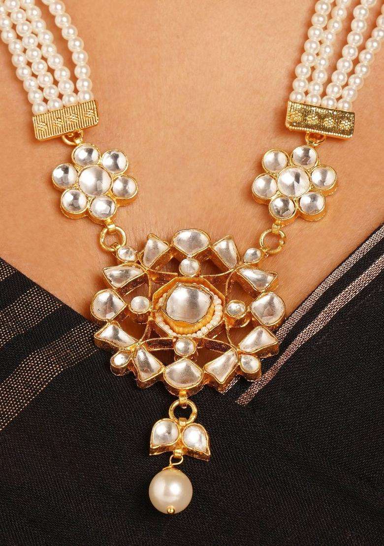 Gold-Plated Artificial Stones Studded & Pearls Beaded Temple Necklace for Women | Traditional Temple Jewellery for Wedding & Festive Wear | Gift for Her - Indya
