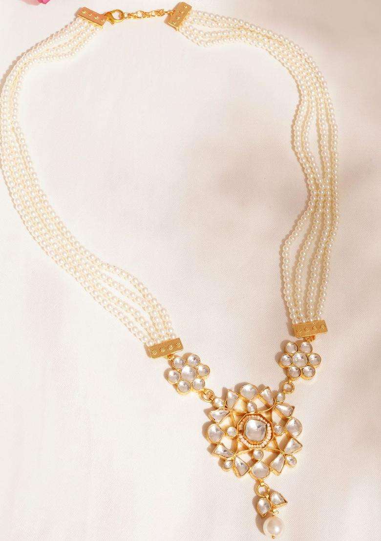 Gold-Plated Artificial Stones Studded & Pearls Beaded Temple Necklace for Women | Traditional Temple Jewellery for Wedding & Festive Wear | Gift for Her - Indya