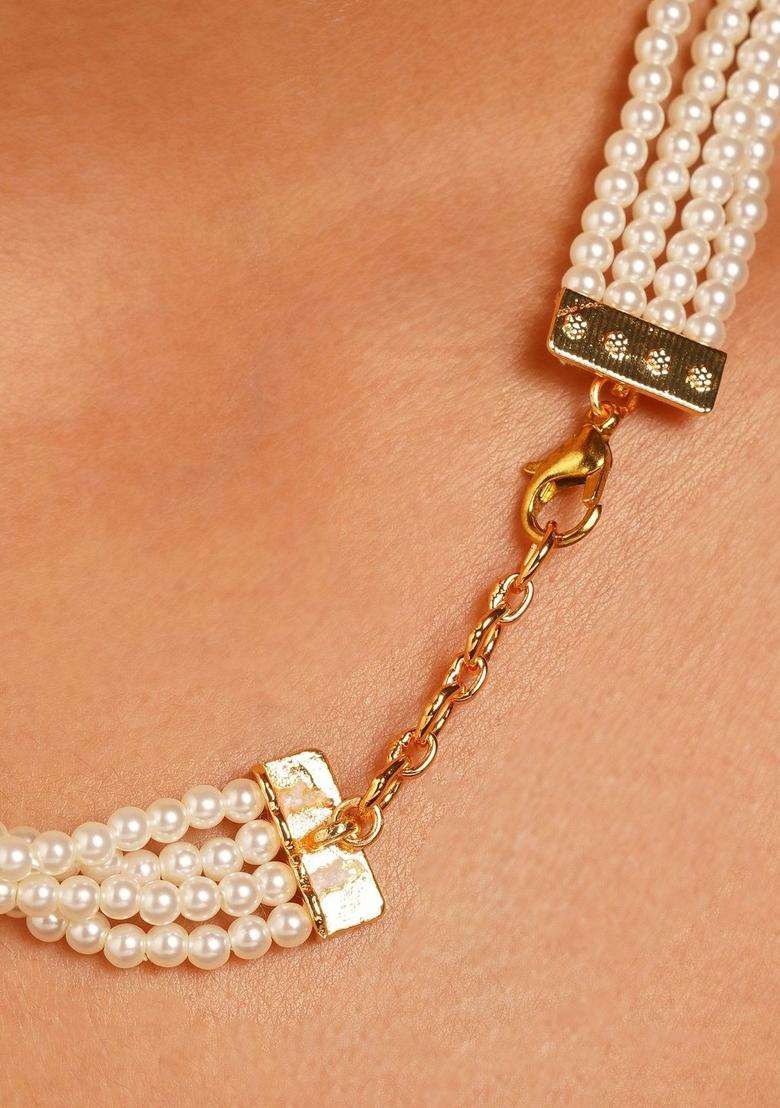 Gold-Plated Artificial Stones Studded & Pearls Beaded Temple Necklace for Women | Traditional Temple Jewellery for Wedding & Festive Wear | Gift for Her - Indya