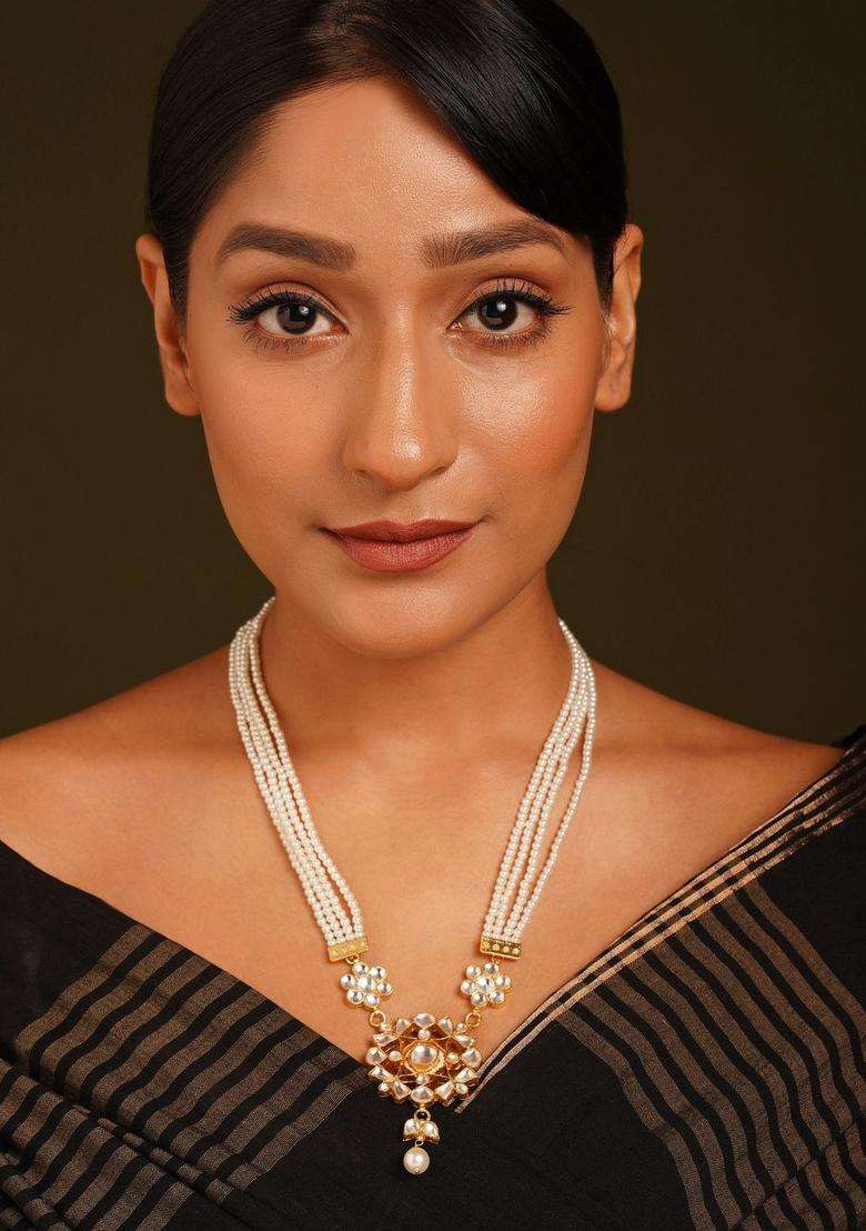Gold-Plated Artificial Stones Studded & Pearls Beaded Temple Necklace for Women | Traditional Temple Jewellery for Wedding & Festive Wear | Gift for Her - Indya