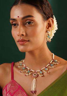 Gold-Plated Artificial Stones Studded & Pearls Beaded Temple Necklace and Earrings for Women | Traditional Temple Jewellery for Wedding & Festive Wear | Gift for Her