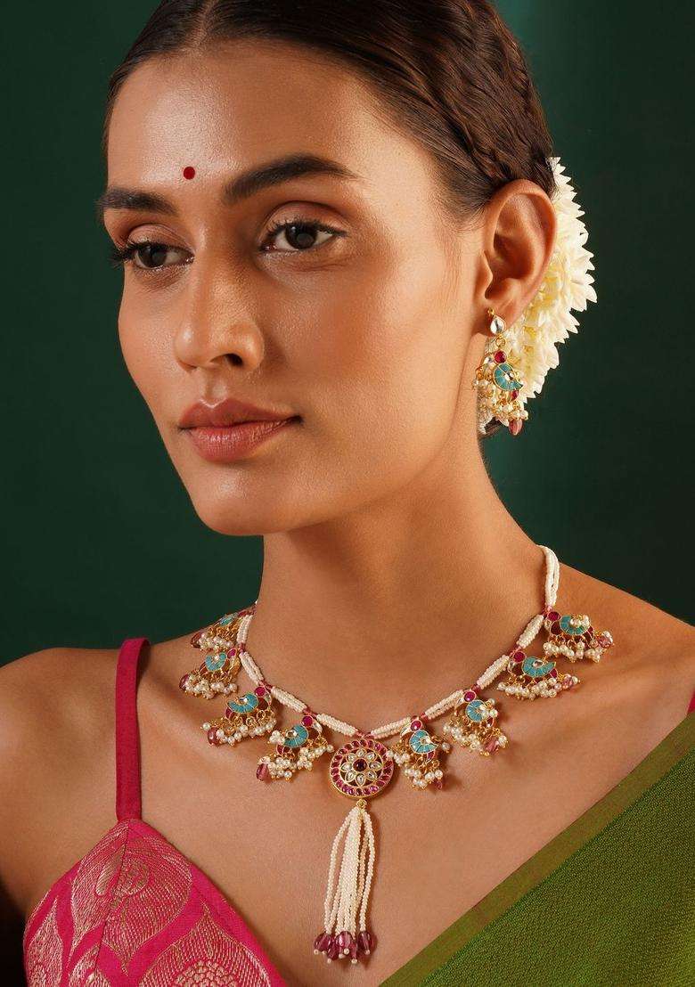 Gold-Plated Artificial Stones Studded & Pearls Beaded Temple Necklace and Earrings for Women | Traditional Temple Jewellery for Wedding & Festive Wear | Gift for Her - Indya