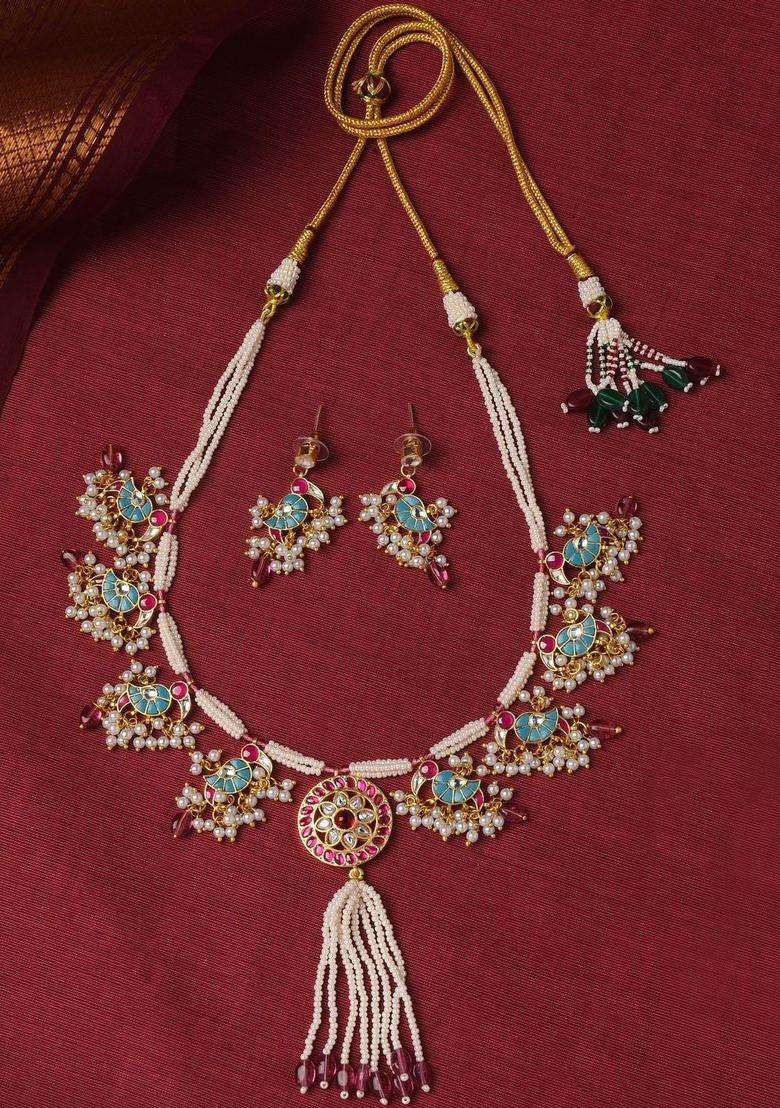 Gold-Plated Artificial Stones Studded & Pearls Beaded Temple Necklace and Earrings for Women | Traditional Temple Jewellery for Wedding & Festive Wear | Gift for Her - Indya