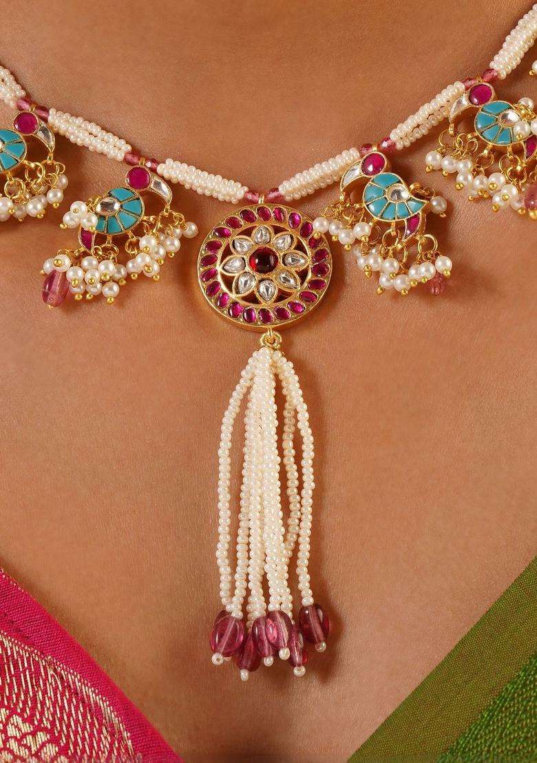Gold-Plated Artificial Stones Studded & Pearls Beaded Temple Necklace and Earrings for Women | Traditional Temple Jewellery for Wedding & Festive Wear | Gift for Her - Indya
