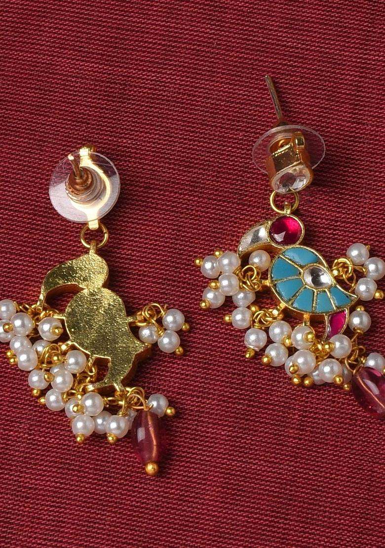 Gold-Plated Artificial Stones Studded & Pearls Beaded Temple Necklace and Earrings for Women | Traditional Temple Jewellery for Wedding & Festive Wear | Gift for Her - Indya