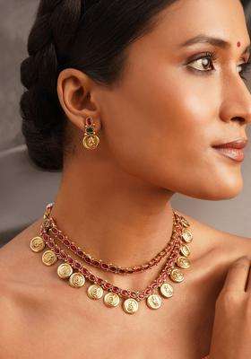 Gold-Plated Artificial Stones Studded & Beaded Temple Jewellery Set for Women | Traditional Temple Jewellery for Wedding & Festive Wear | Gift for Her