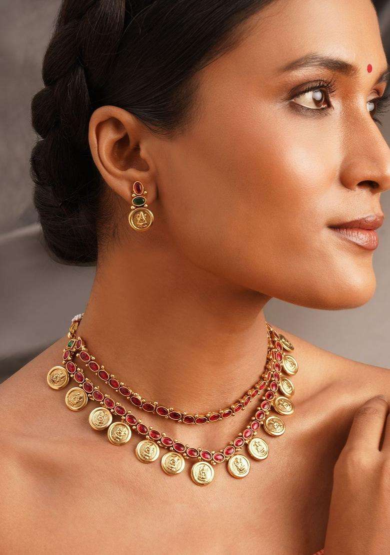 Gold-Plated Artificial Stones Studded & Beaded Temple Jewellery Set for Women | Traditional Temple Jewellery for Wedding & Festive Wear | Gift for Her - Indya