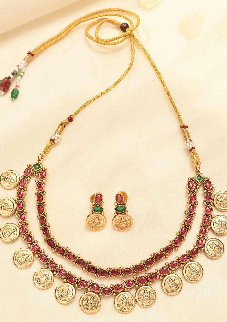Gold-Plated Artificial Stones Studded & Beaded Temple Jewellery Set for Women | Traditional Temple Jewellery for Wedding & Festive Wear | Gift for Her - Indya