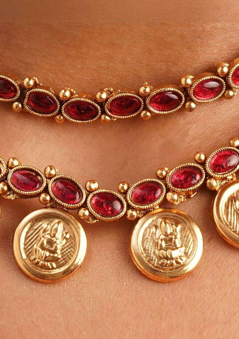 Gold-Plated Artificial Stones Studded & Beaded Temple Jewellery Set for Women | Traditional Temple Jewellery for Wedding & Festive Wear | Gift for Her - Indya