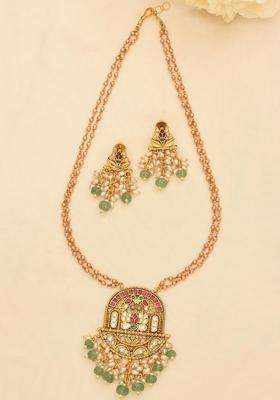 Gold-Plated Artificial Stones Studded & Pearls Beaded Temple Necklace and Earrings for Women | Traditional Temple Jewellery for Wedding & Festive Wear | Gift for Her