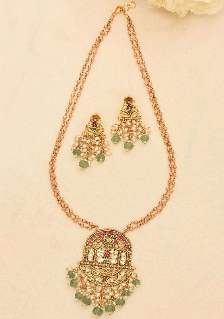 Gold-Plated Artificial Stones Studded & Pearls Beaded Temple Necklace and Earrings for Women | Traditional Temple Jewellery for Wedding & Festive Wear | Gift for Her - Indya