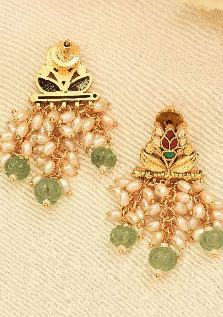 Gold-Plated Artificial Stones Studded & Pearls Beaded Temple Necklace and Earrings for Women | Traditional Temple Jewellery for Wedding & Festive Wear | Gift for Her - Indya