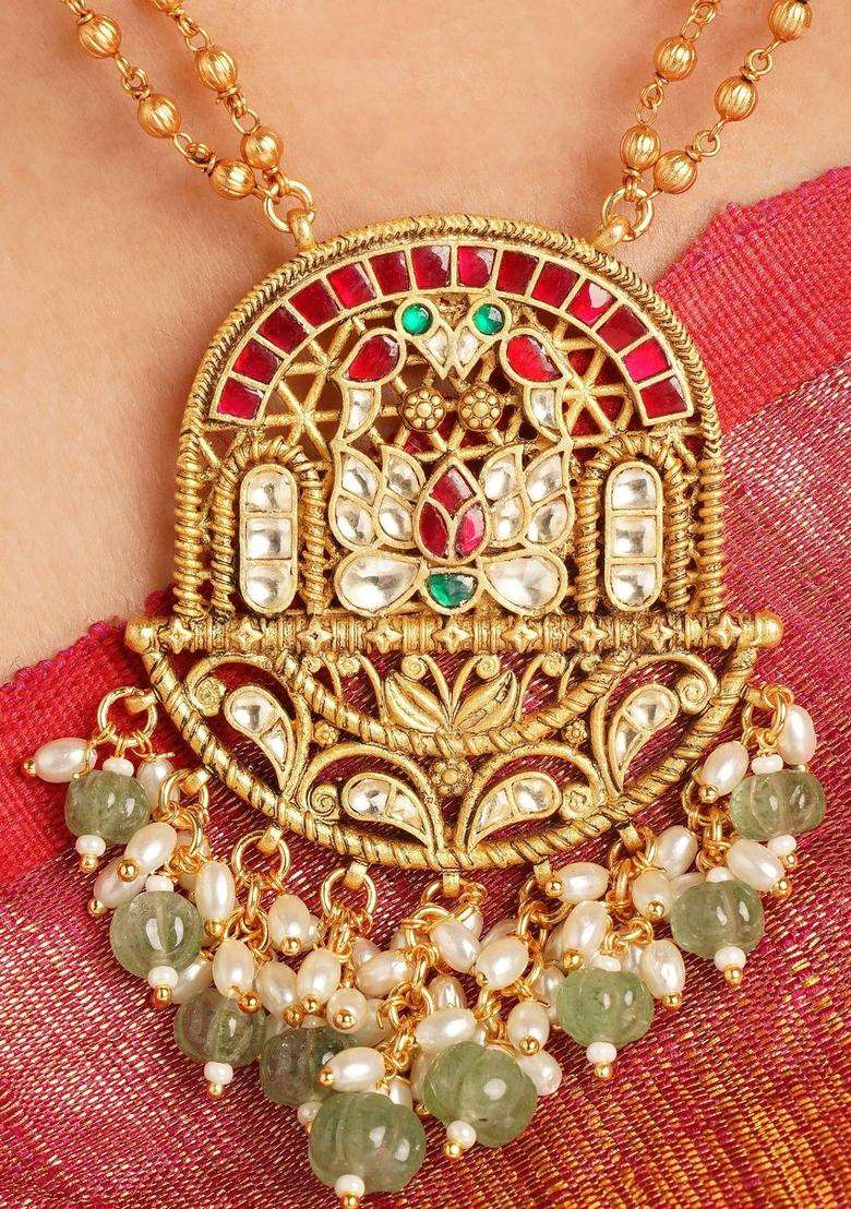 Gold-Plated Artificial Stones Studded & Pearls Beaded Temple Necklace and Earrings for Women | Traditional Temple Jewellery for Wedding & Festive Wear | Gift for Her - Indya