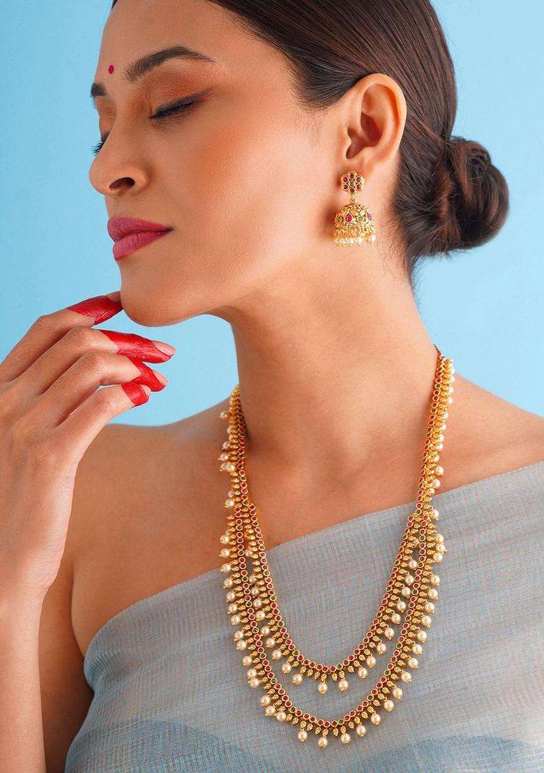 Gold-Plated Stone-Studded & Beaded Jewellery Set for Women | Traditional Temple Jewellery for Wedding & Festive Wear | Gift for Her - Indya