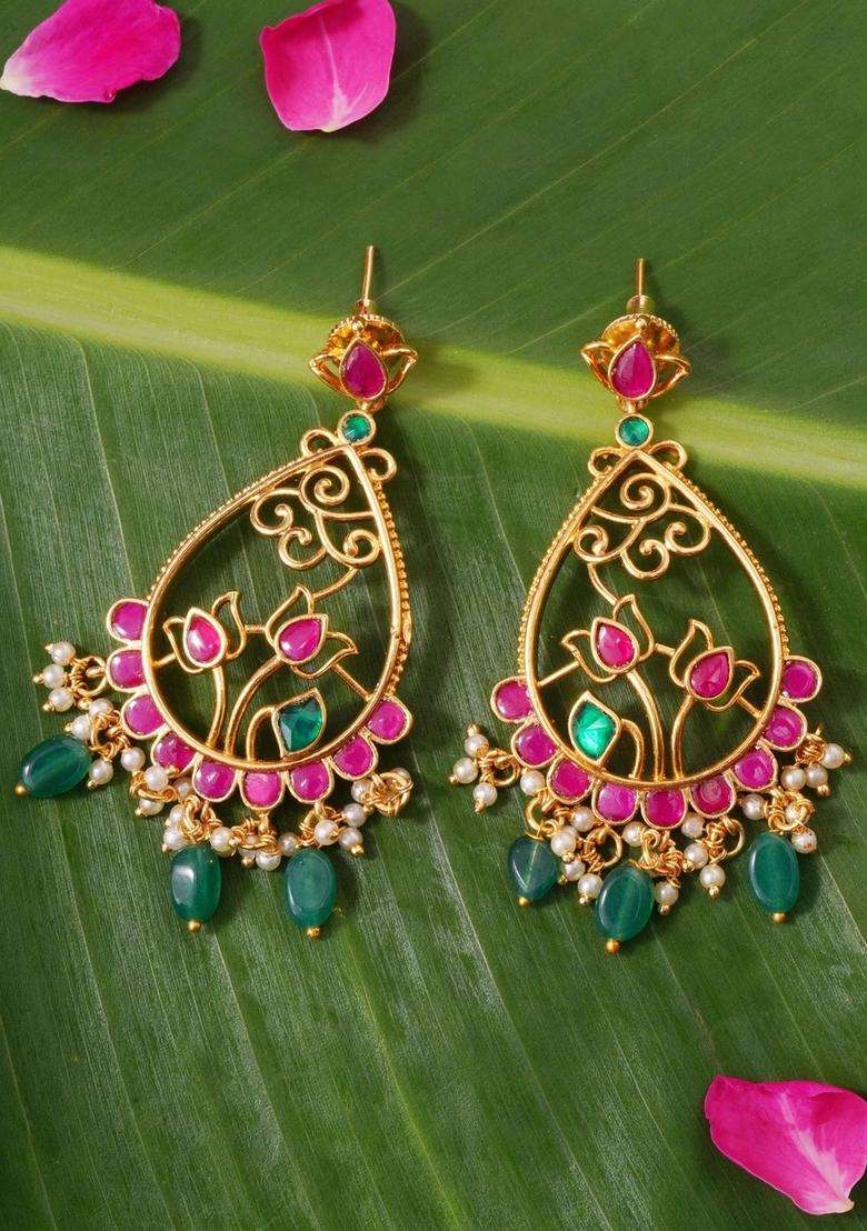 Gold-Plated Teardrop Shaped Drop Earrings with Kundan for Women | Traditional Temple Jewellery for Wedding & Festive Wear | Gift for Her - Indya