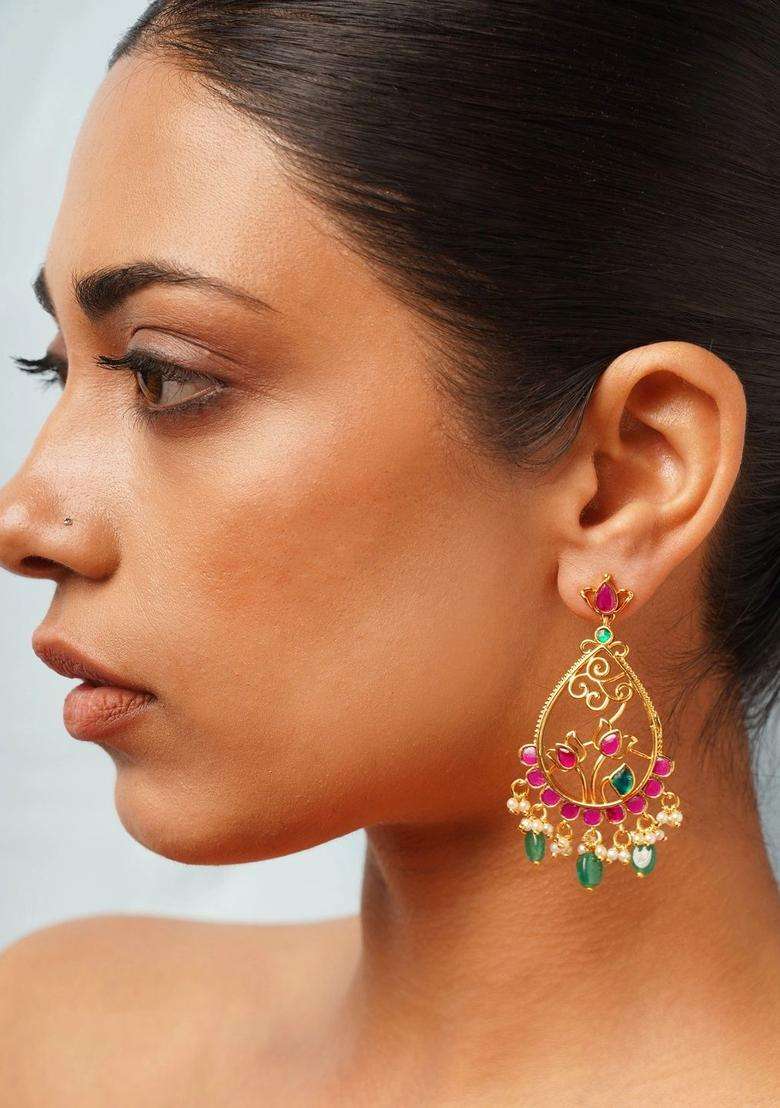 Gold-Plated Teardrop Shaped Drop Earrings with Kundan for Women | Traditional Temple Jewellery for Wedding & Festive Wear | Gift for Her - Indya