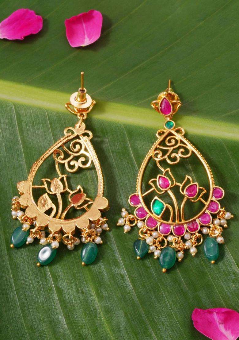 Gold-Plated Teardrop Shaped Drop Earrings with Kundan for Women | Traditional Temple Jewellery for Wedding & Festive Wear | Gift for Her - Indya