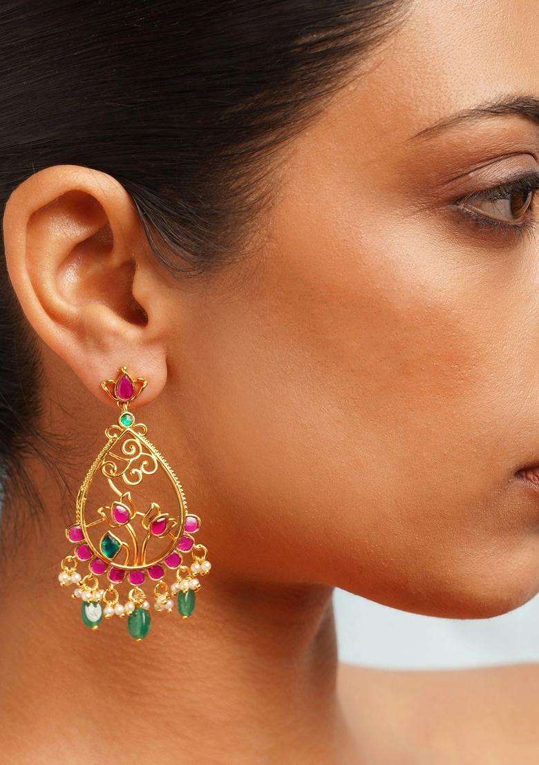 Gold-Plated Teardrop Shaped Drop Earrings with Kundan for Women | Traditional Temple Jewellery for Wedding & Festive Wear | Gift for Her - Indya