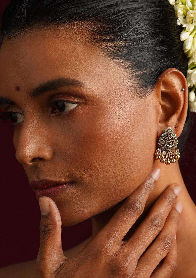Gold-Plated Teardrop Shaped Temple Drop Earrings for Women | Traditional Temple Jewellery for Wedding & Festive Wear | Gift for Her - Indya
