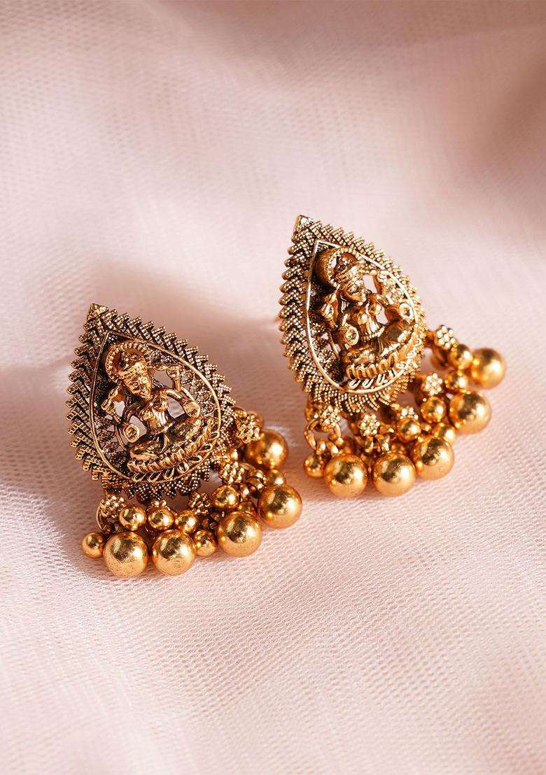 Gold-Plated Teardrop Shaped Temple Drop Earrings for Women | Traditional Temple Jewellery for Wedding & Festive Wear | Gift for Her - Indya